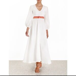 Zimmermann White Long Sleeve Dress with Red and Orange Belt